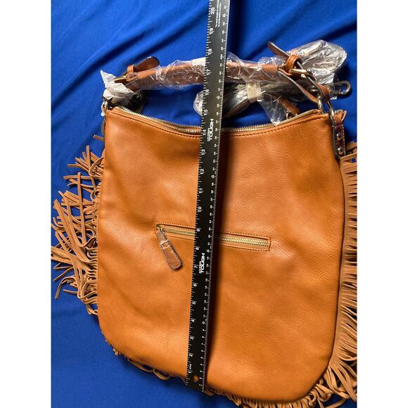 NEW Moda Luxe Brown Large Hobo Crossbody Hand Bag Purse Fringe Leather Polyure - Picture 11 of 13